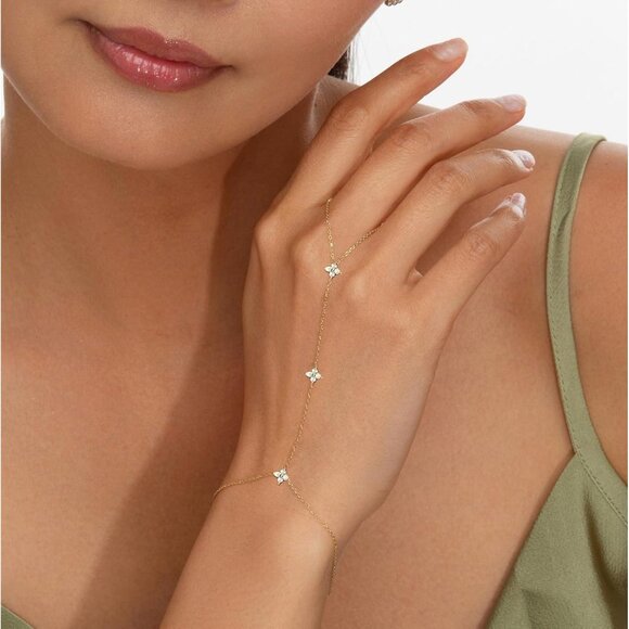 14K-Gold Plated GD Clover Link Trendy Chain Ring Bracelet Hand Chain for Women - Picture 3 of 8